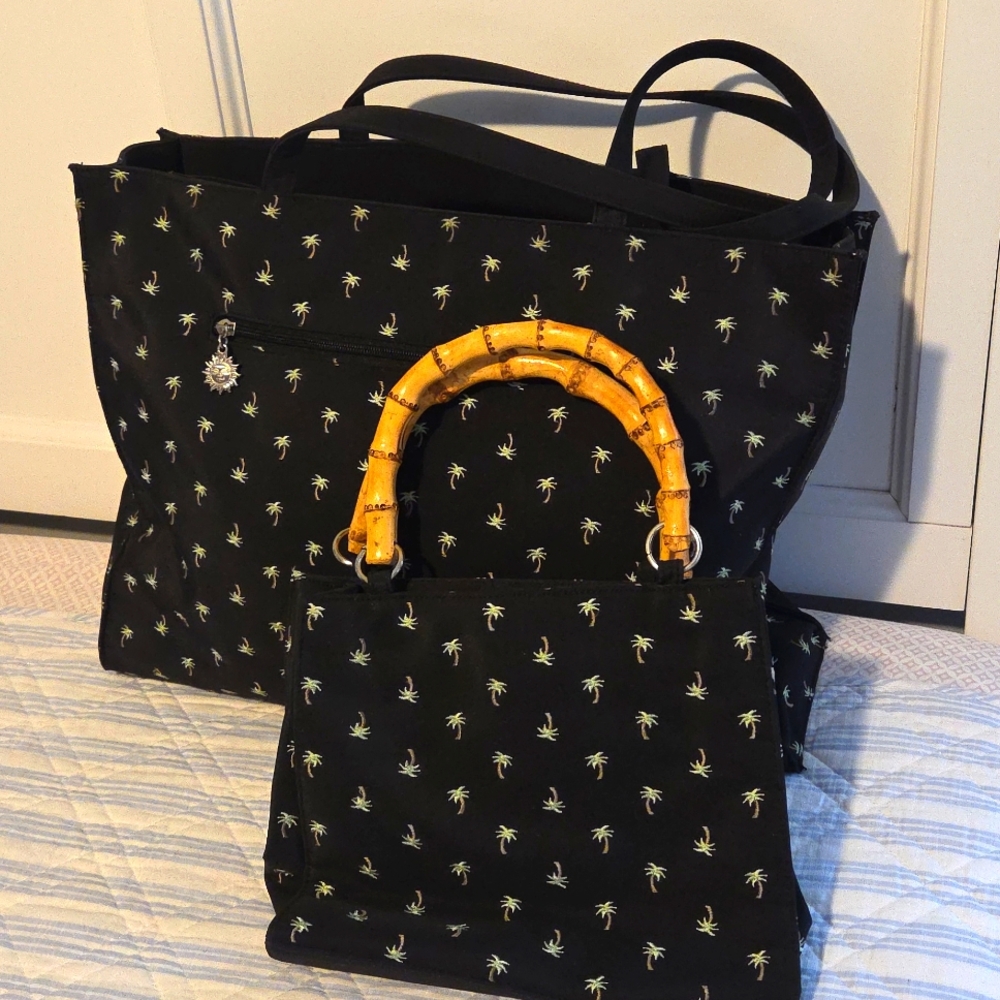 Sunny Hawaii Palm Tree Embroidery Black bag Set